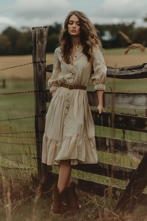 A woman wears a cream button dress with tiered ruffles and brown ankle boots for a casual country wedding