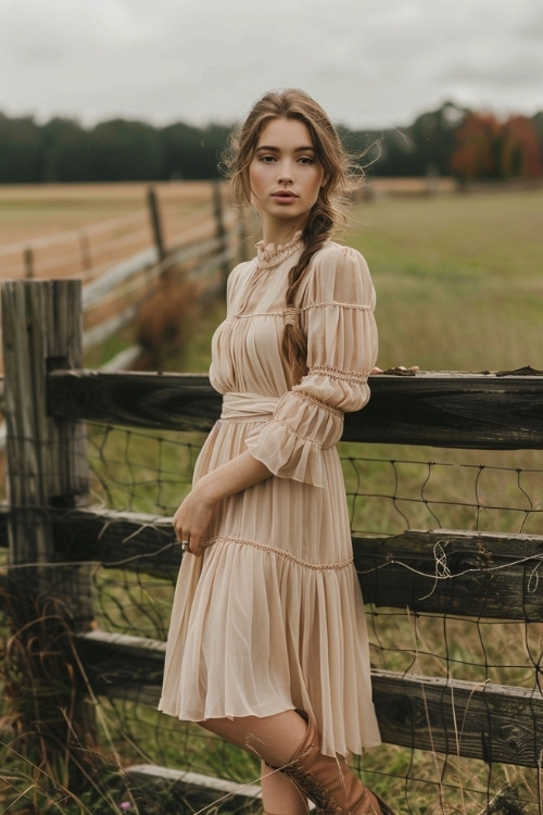 A woman wears a cream pleated dress with brown lace boots for a casual country wedding