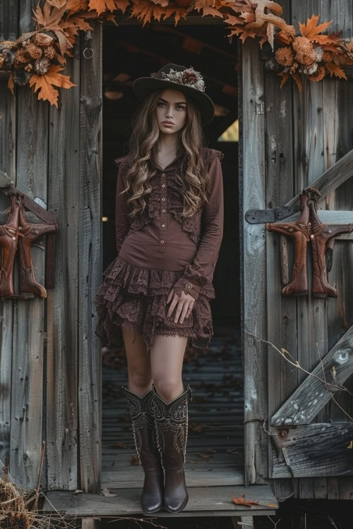 A woman wears a dark brown tiered country wedding guest dress with matching cowboy boots