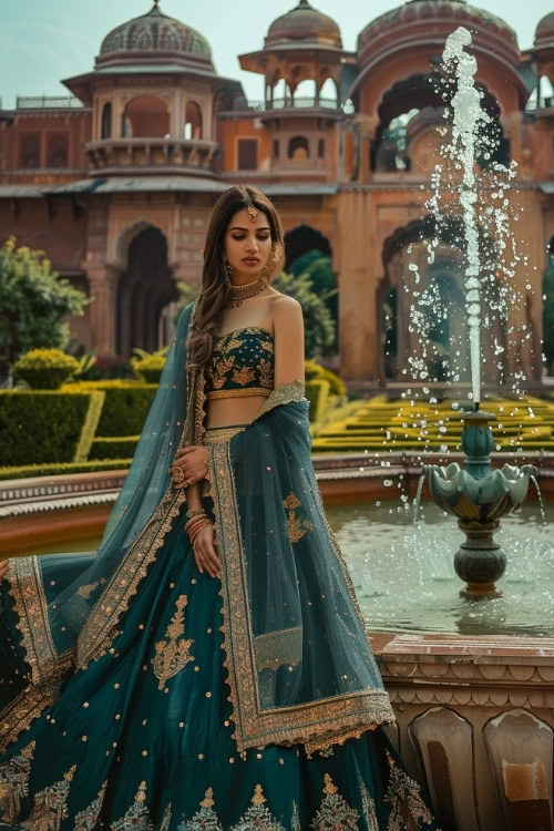 A woman wears a dark green lehenga with gold embroidery and a matching dupatta