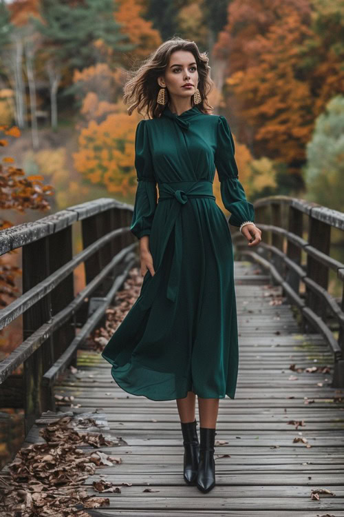 A woman wears a dark green long-sleeve wedding guest dress with a belted waist and black ankle boots