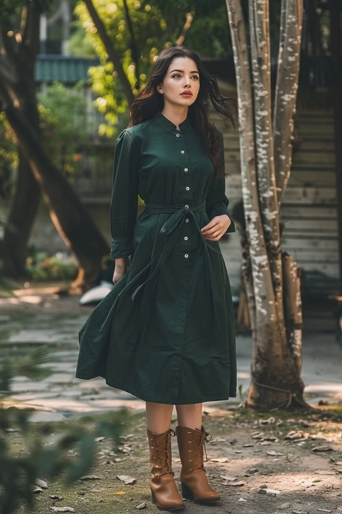 A woman wears a dark green shirt-style wedding guest dress with brown lace-up boots