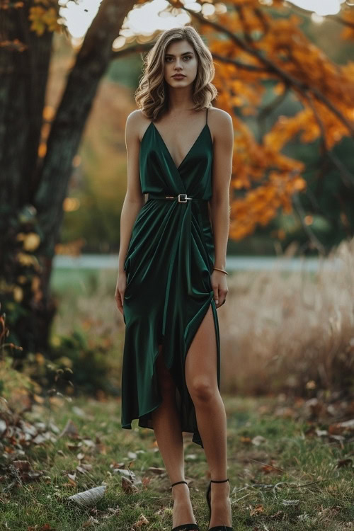 A woman wears a dark green wedding guest dress with a high slit and black heels