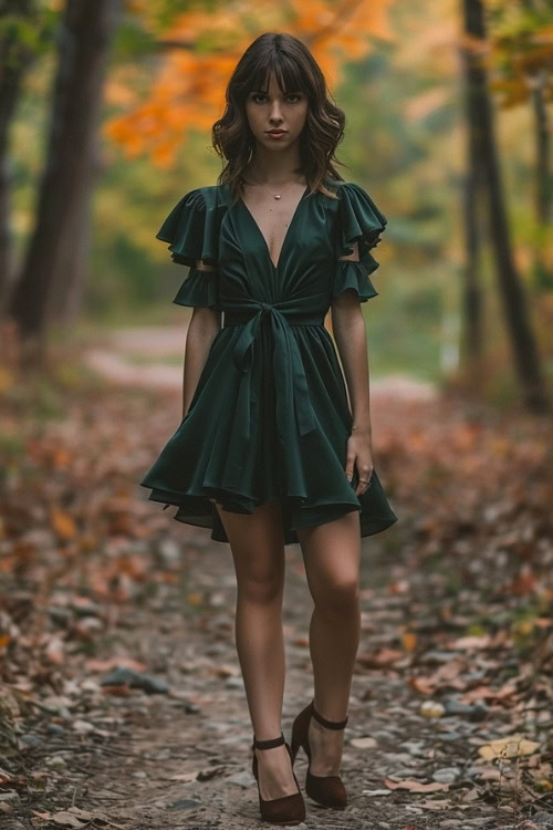 A woman wears a dark green wedding guest dress with ruffle sleeves and burgundy heels