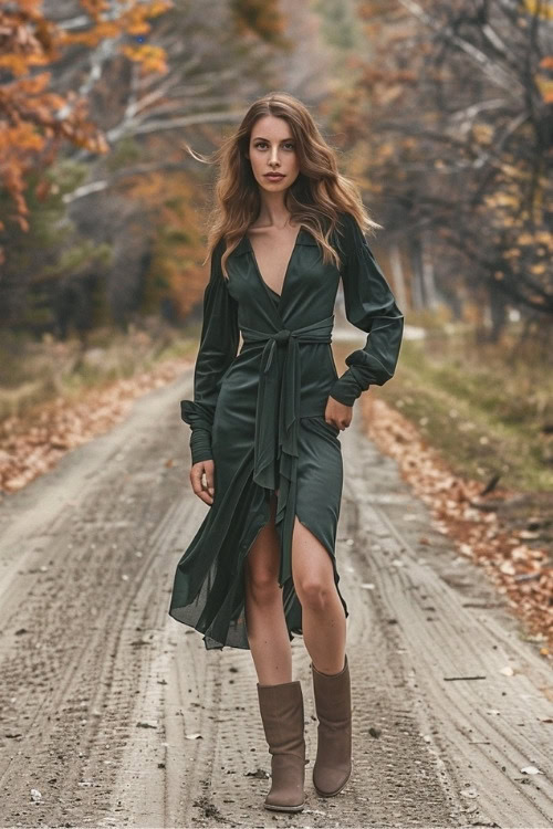 A woman wears a dark green wrap country wedding guest dress with a high front slit and brown boots