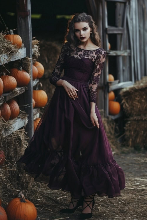 A woman wears a dark purple wedding guest dress with lace sleeves and black strappy heels