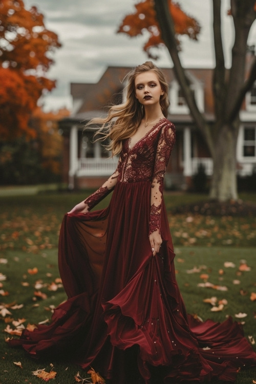 A woman wears a deep burgundy lace dress with full sleeves for a country club wedding