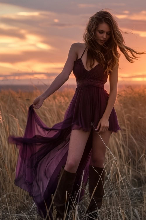 A woman wears a deep purple country wedding guest dress with brown boots