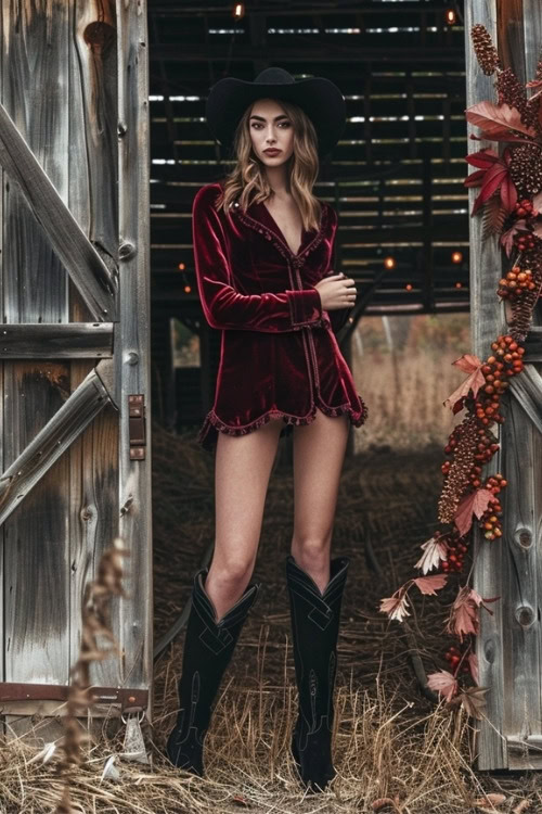 A woman wears a deep red velvet country wedding guest romper and black cowboy boots