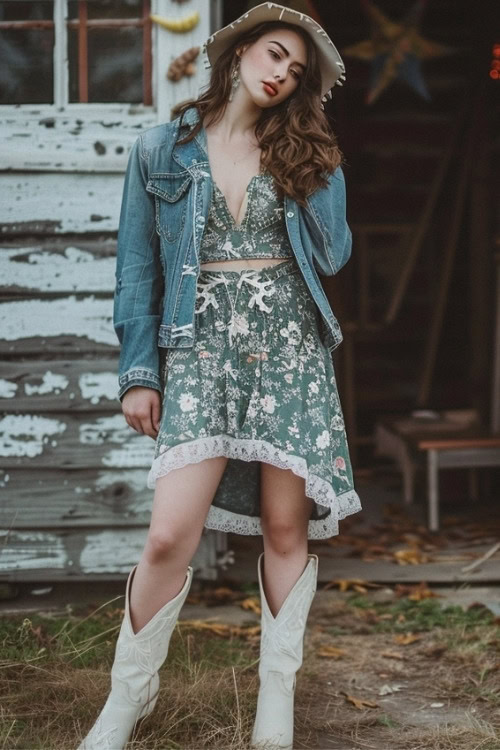 A woman wears a denim jacket, a blue floral dress, and white cowboy boots