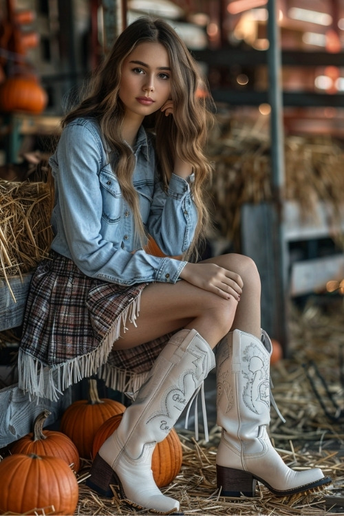 A woman wears a denim jacket, a plaid skirt, and white cowboy boots