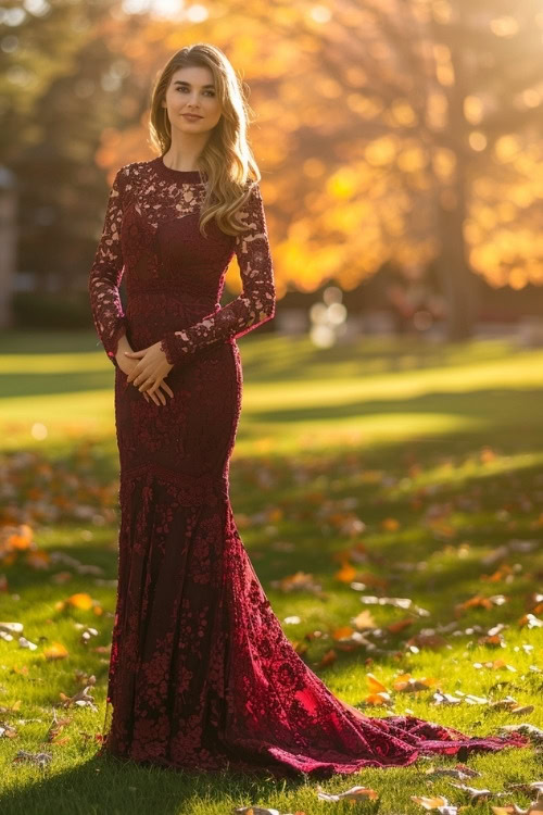 A woman wears a detailed burgundy lace dress with full sleeves and a flowing train for a country club wedding