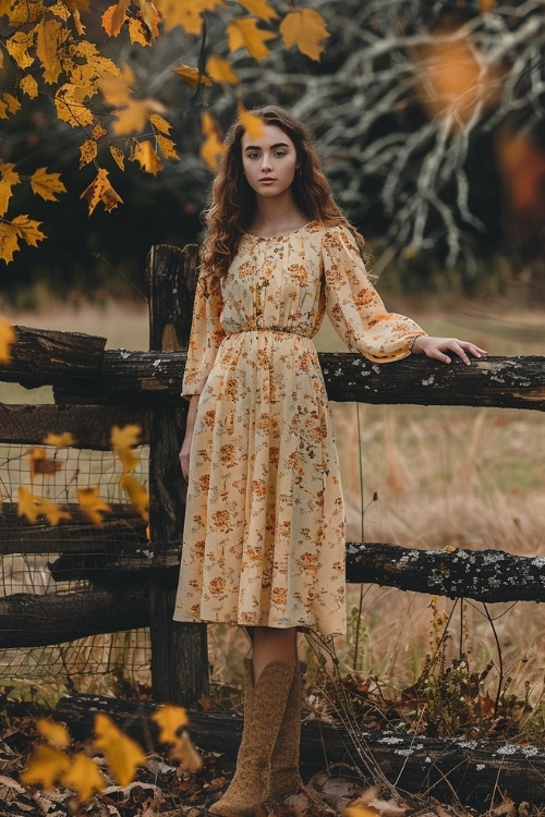 A woman wears a floral country wedding guest dress and brown boots