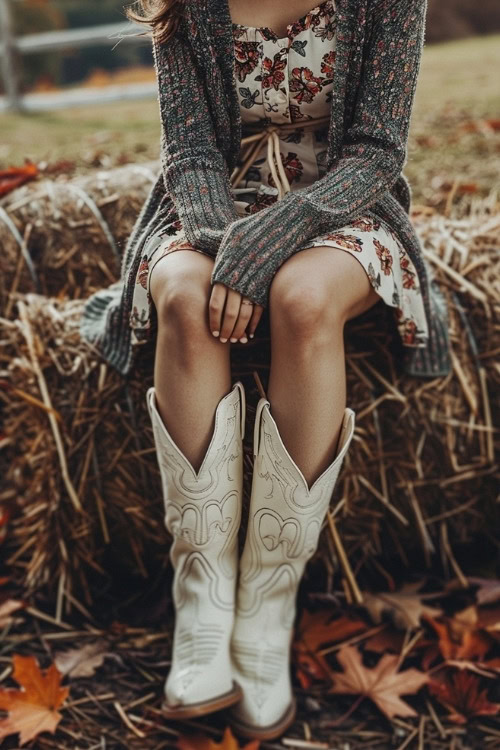 A woman wears a floral dress, a gray cardigan, and white cowboy boots