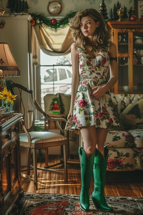 A woman wears a floral dress with green cowboy boots