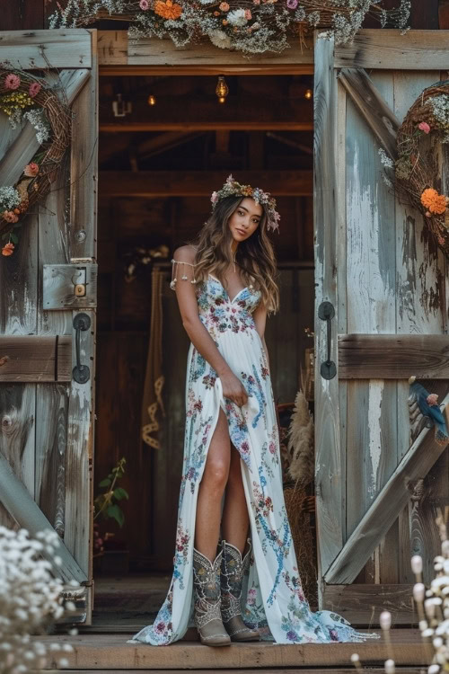 A woman wears a floral long bridesmaid dress with silver cowboy boots