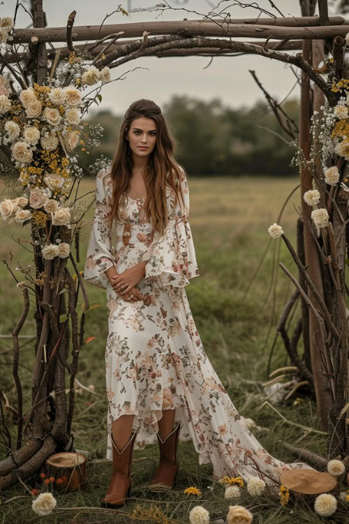 A woman wears a floral long-sleeve bridesmaid dress with short brown cowboy boots