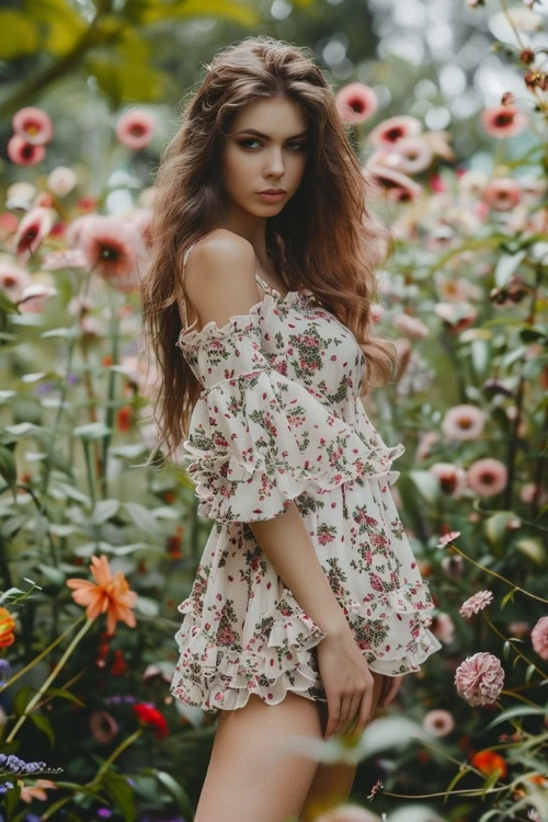 A woman wears a floral off-the-shoulder wedding guest dress with ruffled sleeves