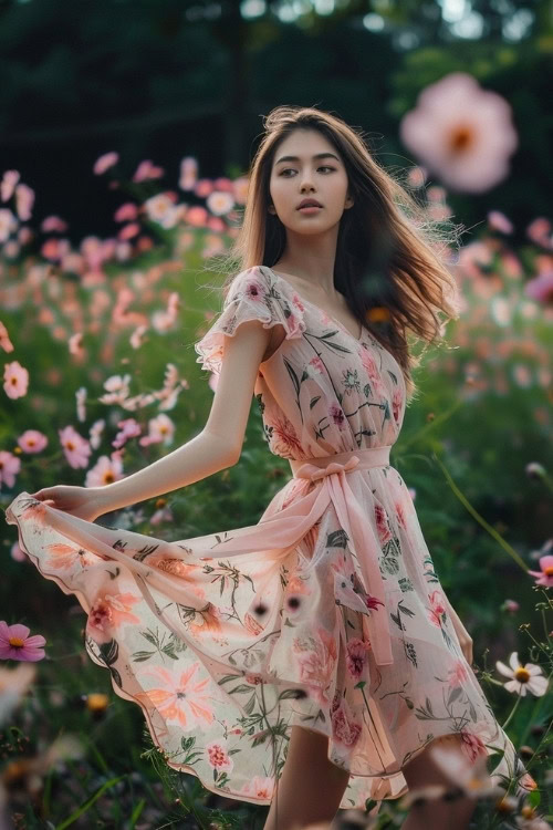 A woman wears a floral pink wedding guest dress with a ribbon waist tie