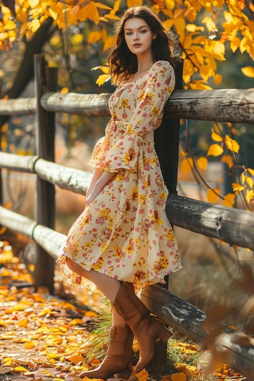 A woman wears a floral print country wedding guest dress with a cinched waist and long sleeves, paired with lace-up boots