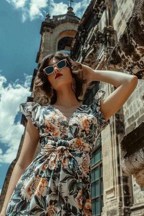 A woman wears a floral wrap wedding guest dress