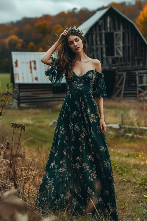 A woman wears a flowing dark green maxi country wedding guest dress with off-the-shoulder sleeves and floral patterns