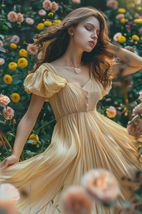 A woman wears a flowing golden wedding guest dress with puff sleeves and a heart necklace