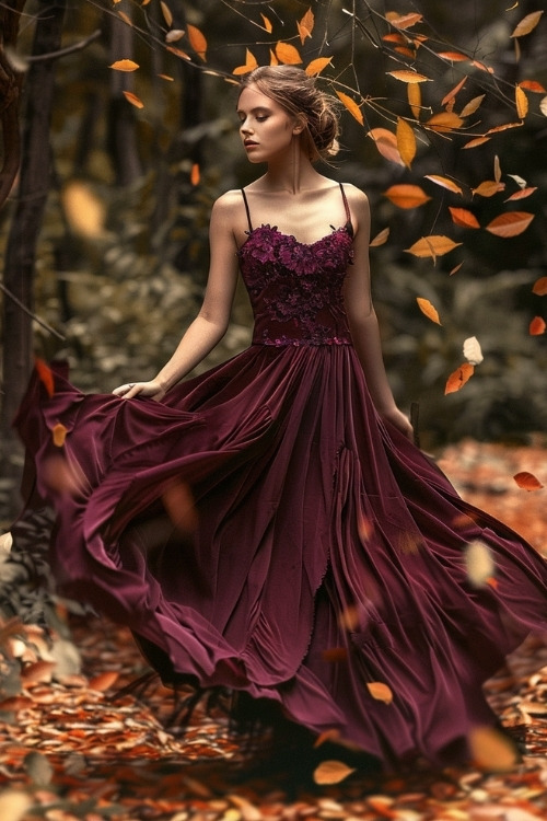 A woman wears a flowy maroon wedding guest dress with a lace bodice