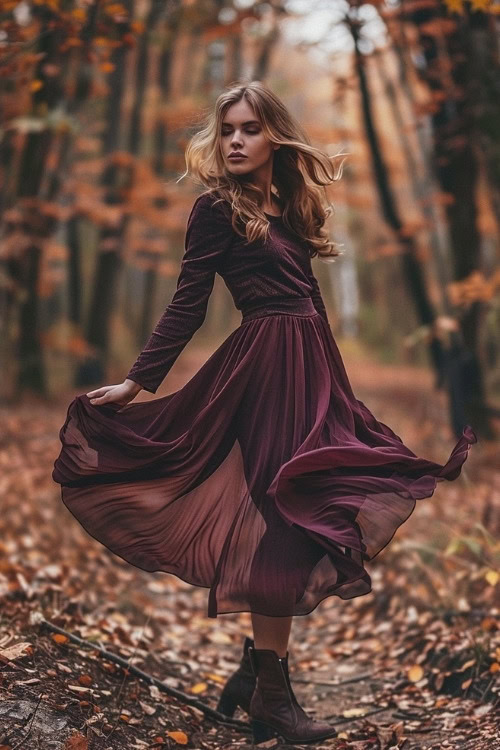 A woman wears a flowy maroon wedding guest dress with long sleeves and brown ankle boots