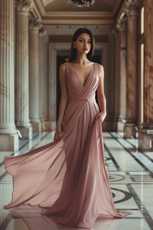 A woman wears a flowy pink wrap wedding guest dress