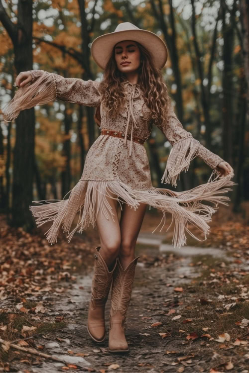 A woman wears a fringed dress, a cowboy hat and beige cowboy boots