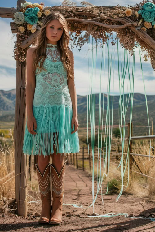 A woman wears a fringed turquoise bridesmaid dress and brown cowboy boots