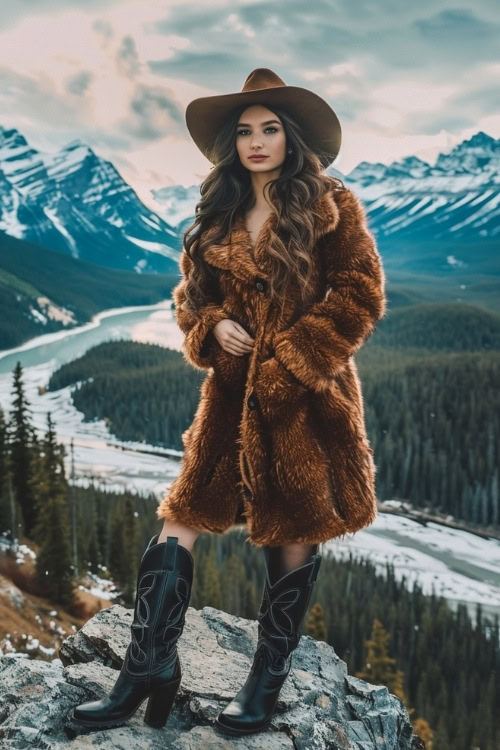 A woman wears a fur long coat and black cowboy boots