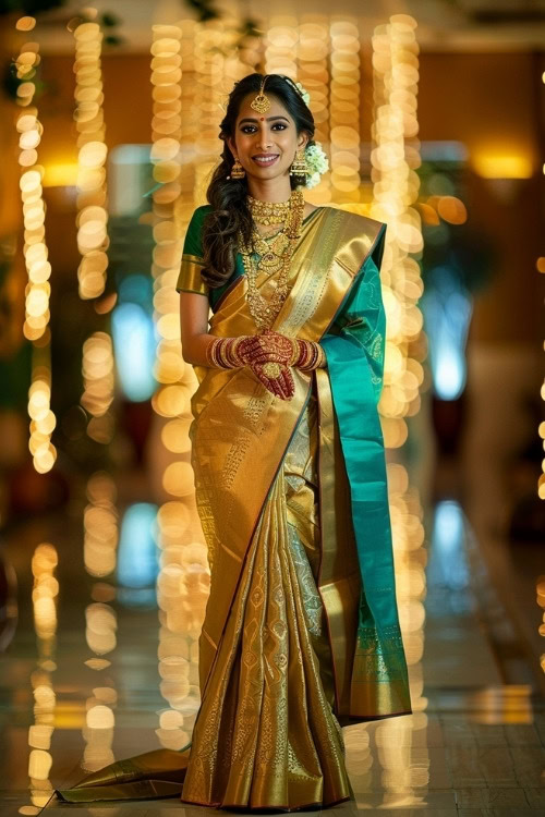 A woman wears a gold saree with green borders and elaborate gold jewelry