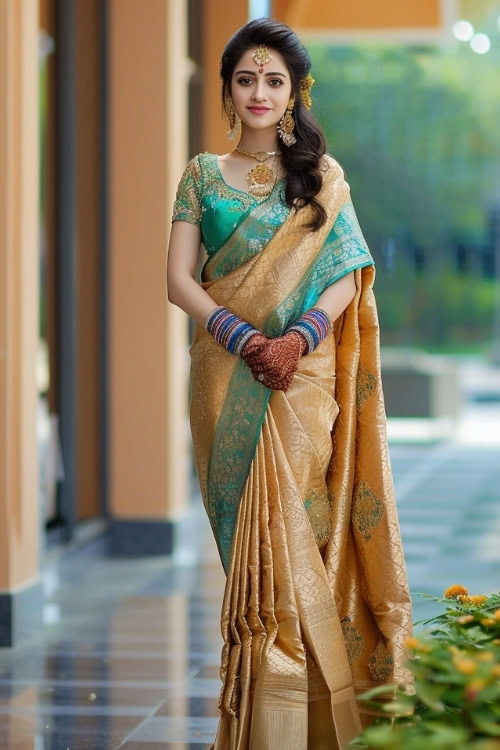 A woman wears a gold saree with teal accents and traditional jewelry