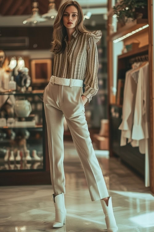 A woman wears a gold-striped blouse with white trousers and white cowboy boots