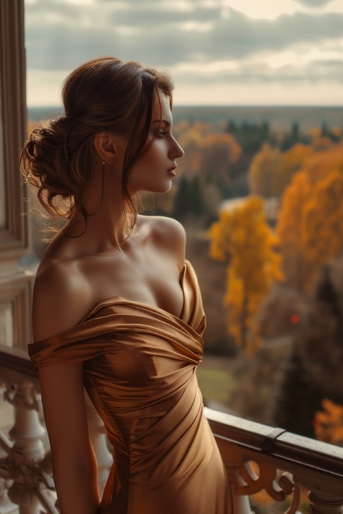 A woman wears a golden satin off-shoulder dress with ruched detailing for a country club wedding