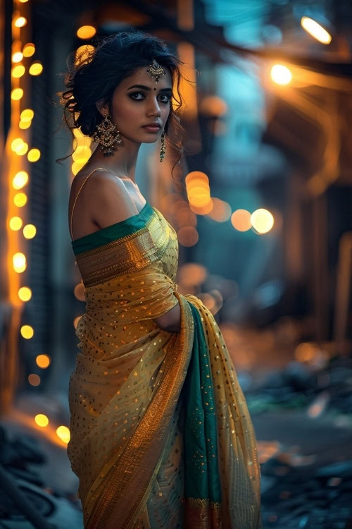 A woman wears a golden yellow and green wedding guest saree with intricate patterns