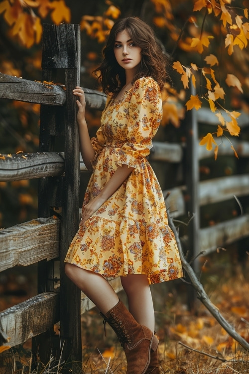 A woman wears a golden yellow floral country wedding guest dress with brown suede boots