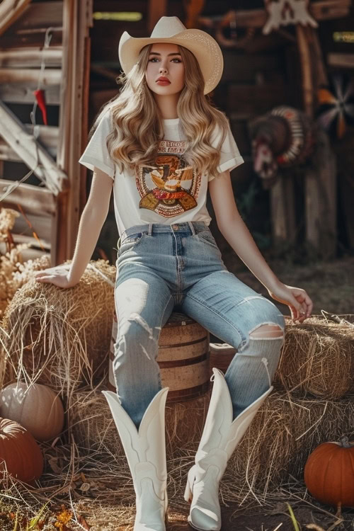 A woman wears a graphic t-shirt, ripped jeans, and white cowboy boots