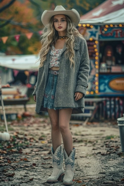 A woman wears a gray cardigan, floral top, denim skirt, and decorative cowboy boots