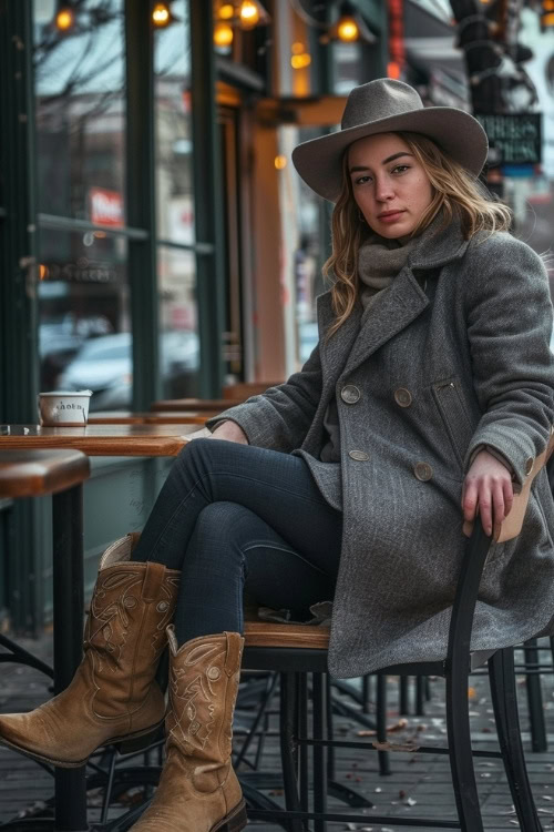 A woman wears a gray coat, gray turtleneck, dark blue jeans, a grey cowboy hat, and brown cowboy boots