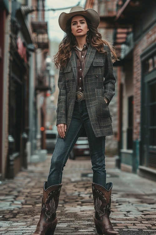 A woman wears a gray cowboy hat, patterneds sport coat, blue jeans, and brown cowboy boots