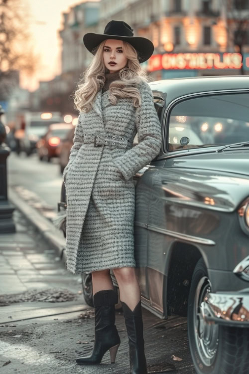 A woman wears a gray long coat and black cowboy boots