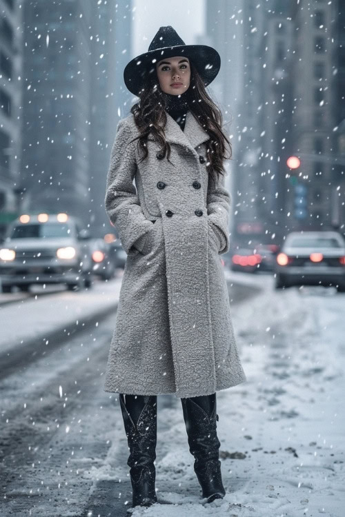 A woman wears a gray long coat, black jeans, black hat, and black cowboy boots