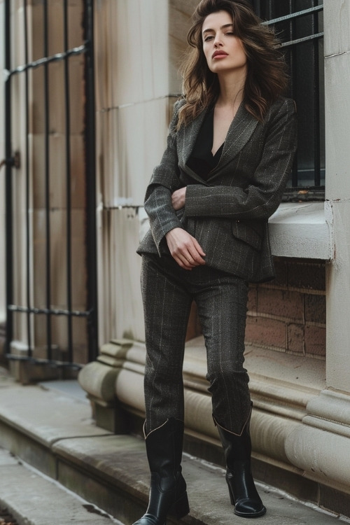 A woman wears a gray pinstripe suit with black cowboy boots