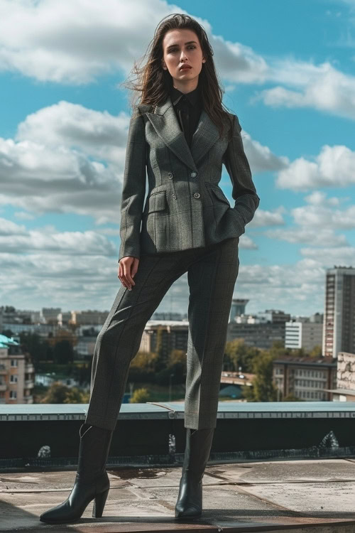 A woman wears a gray plaid blazer and matching trousers with black cowboy boots