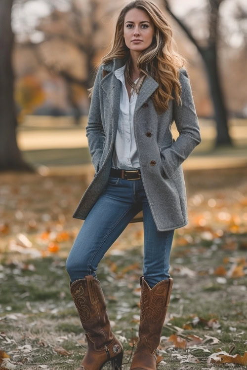 A woman wears a gray sport coat, white blouse, blue jeans, and brown cowboy boots (2)