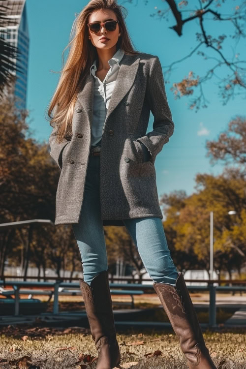 A woman wears a gray sport coat, white blouse, blue jeans, and brown cowboy boots