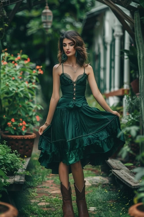 A woman wears a green dress with brown cowboy boots